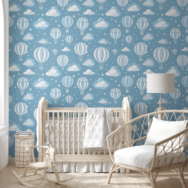Blue Hot Air Balloon Baby Nursery Wallpaper (Kids)
