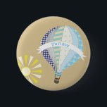 Blue Hot Air Balloon Baby Shower Button<br><div class="desc">A baby shower party favour button featuring an illustration of a hot air balloon with blue gingham,  polka dot,  jean,  striped,  and plaid patterns. Banner says "It's A Boy."  Sun to lower left of balloon.  Look for matching baby shower invitations,  stickers,  and postage at Jill's Paperie.</div>