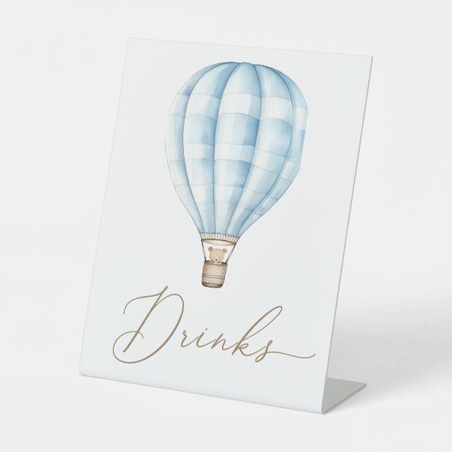 Blue Hot Air Balloon Baby Shower Drinks Pedestal Sign (Front)