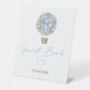 Blue Hot Air Balloon Baby Shower Guest Book Pedestal Sign