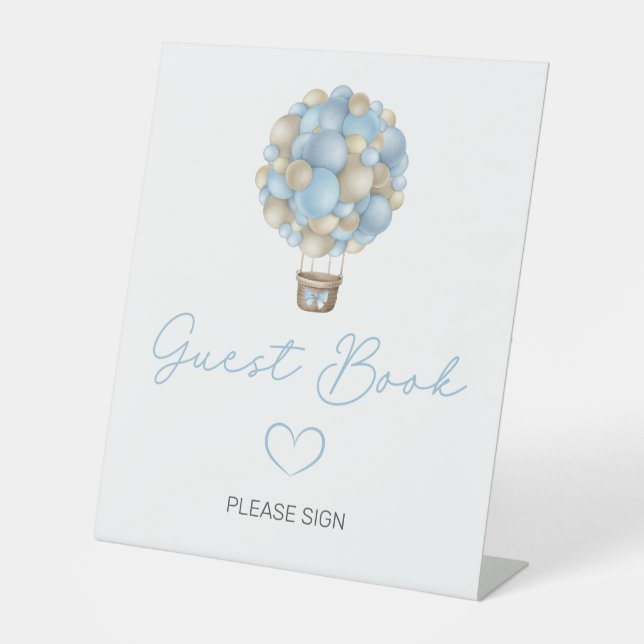 Blue Hot Air Balloon Baby Shower Guest Book Pedestal Sign (Front)