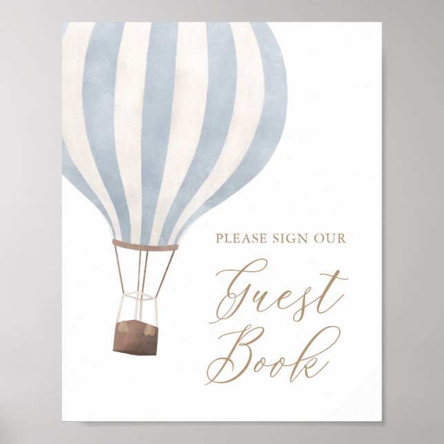 Blue Hot Air Balloon Baby Shower Guest Book Sign (Front)