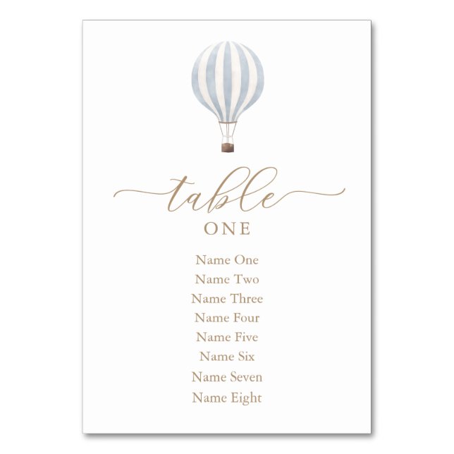 Blue Hot Air Balloon Baby Shower Table Number (Front)