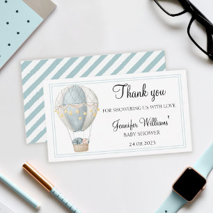 Blue hot air balloon baby shower thank you card