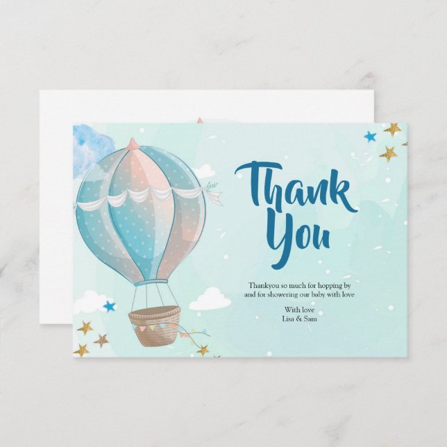 Blue Hot Air Balloon Baby Shower Thank You Card (Front/Back)