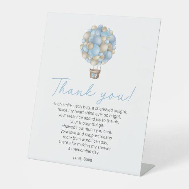 Blue Hot Air Balloon Baby Shower Thank You Poem Pedestal Sign (Front)
