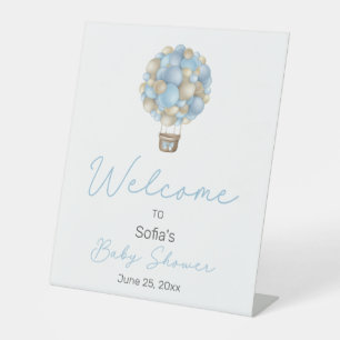 Blue Hot Air Balloon Baby Shower Welcome Pedestal Sign