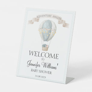 Blue hot air balloon baby shower welcome sign