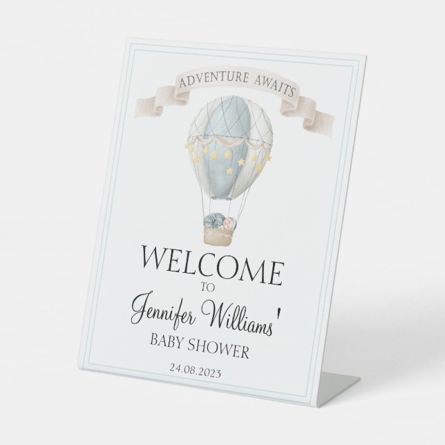 Blue hot air balloon baby shower welcome sign (Front)