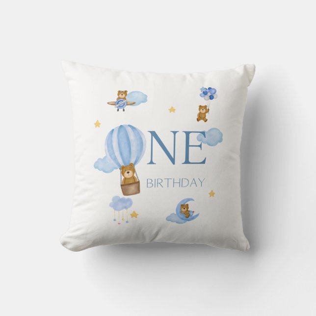 Blue Hot Air Balloon Bear 1st Birthday Baby T-Shir Cushion (Front)
