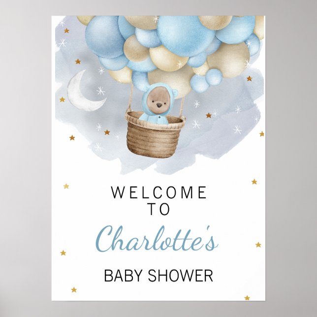 Blue Hot Air Balloon Bear Baby Shower Welcome Sign (Front)