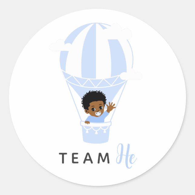 Blue Hot Air Balloon Black Gender Reveal  Classic Round Sticker (Front)