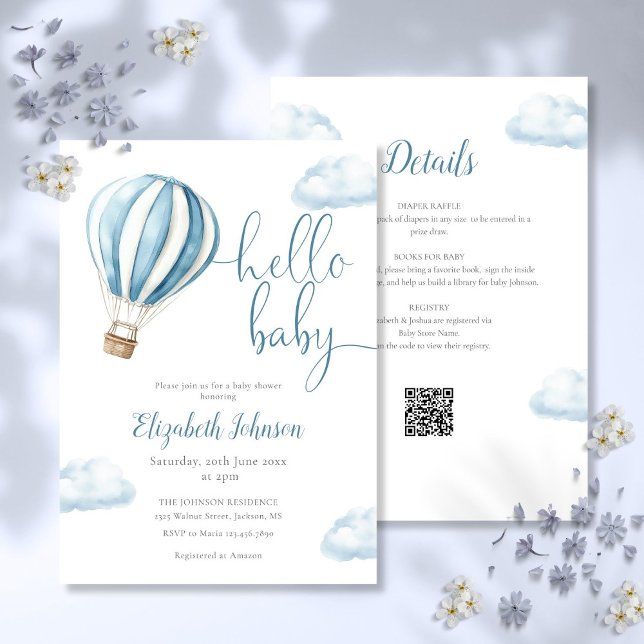 Blue Hot Air Balloon Boy All In One Baby Shower Invitation (Blue Hot Air Balloon Boy All In One Baby Shower Invitation)