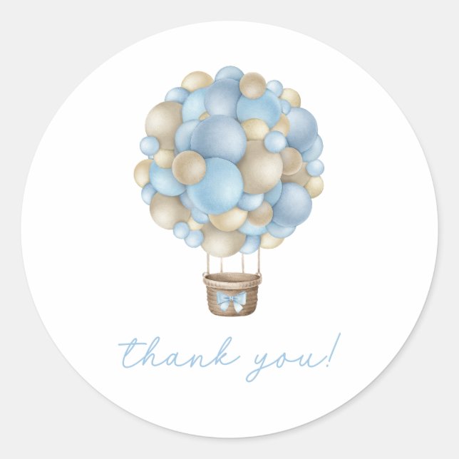 Blue Hot Air Balloon Boy Baby Shower Classic Round Sticker (Front)