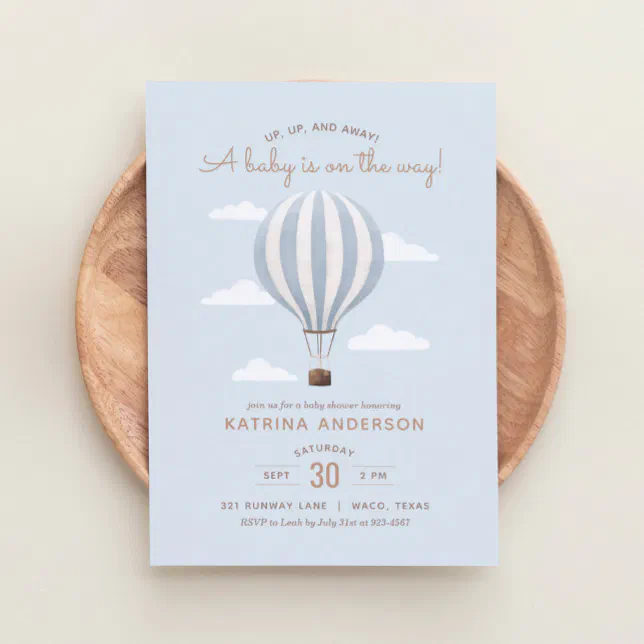 Blue Hot Air Balloon Boy Baby Shower Invitation | Zazzle