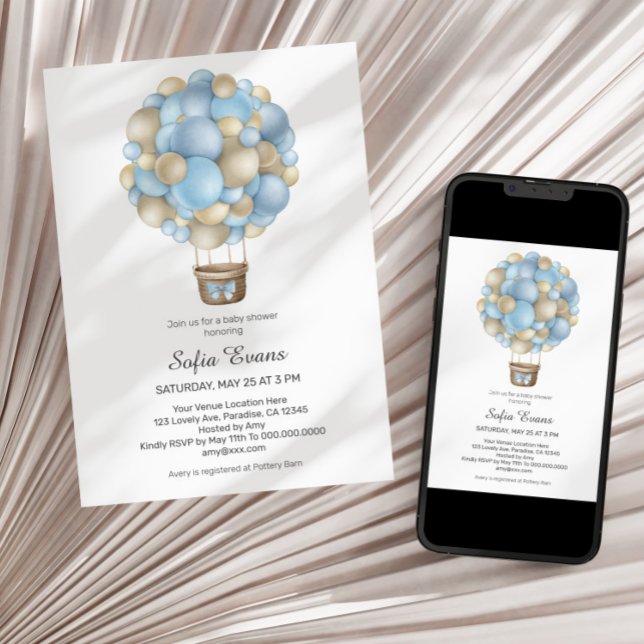Blue Hot Air Balloon Boy Baby Shower Invitation (Creator Uploaded)