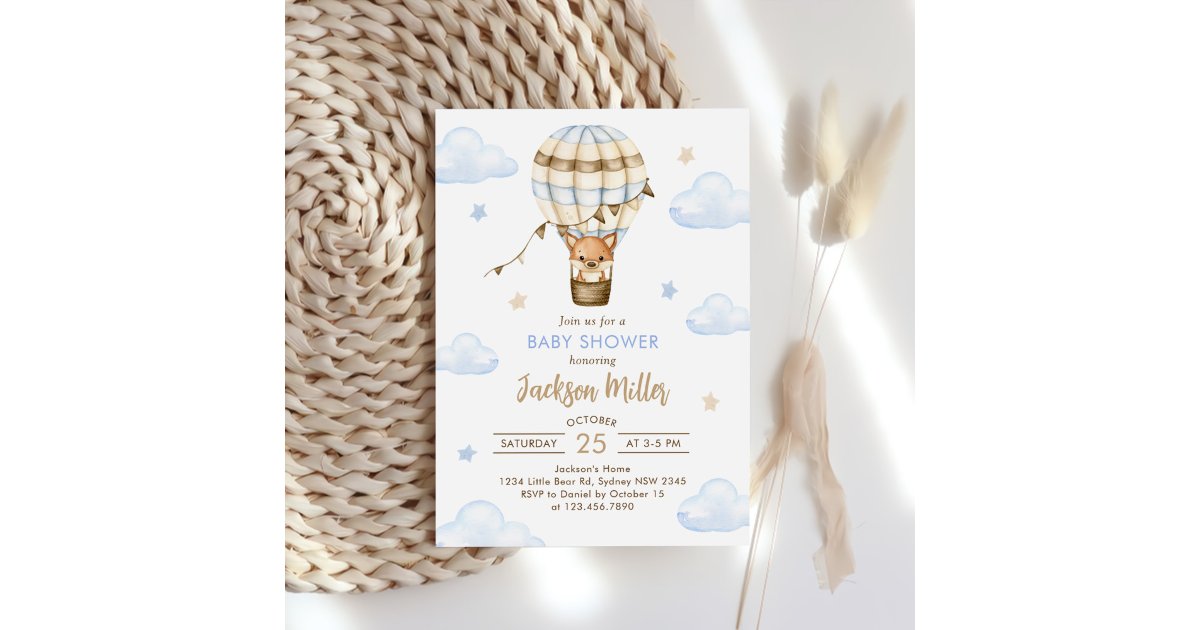 Blue Hot Air Balloon Boy Baby Shower Invitation | Zazzle