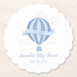 Blue Hot Air Balloon Boy Baby Shower Paper Coaster