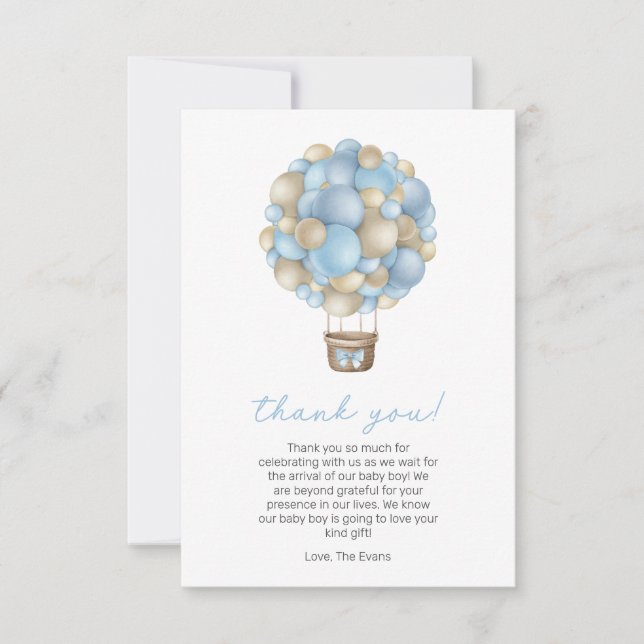 Blue Hot Air Balloon Boy Baby Shower Thank You Card (Front)