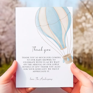 Blue Hot Air Balloon Boy Baby Shower Thanks Thank You Card