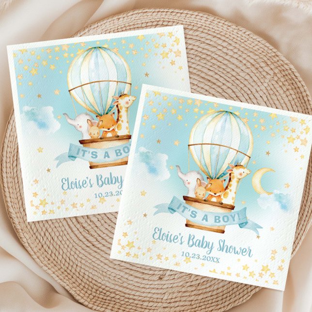 Blue Hot Air Balloon Cute Animals Boy Baby Shower Napkin (Creator Uploaded)
