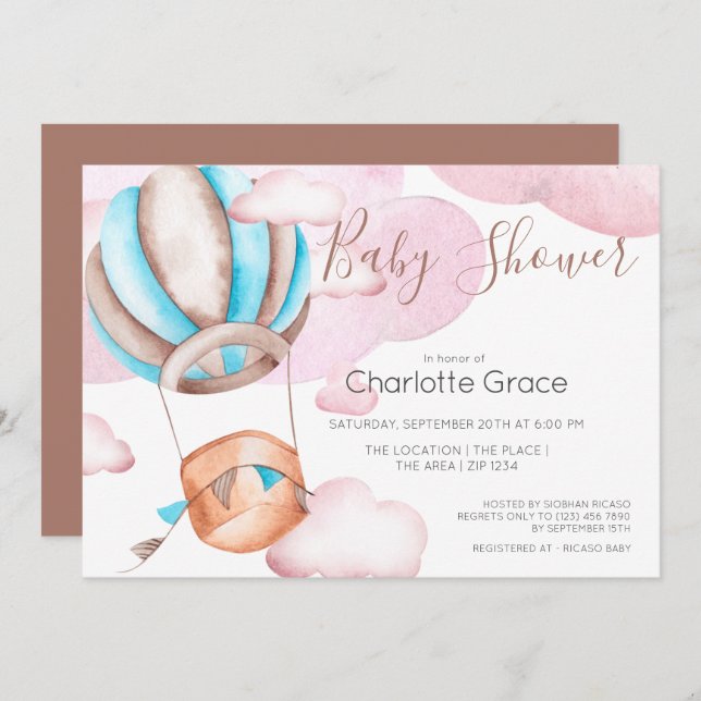 Blue Hot Air Balloon In The Clouds Baby Shower Invitation (Front/Back)