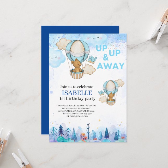 Blue Hot air balloon invitation, 1st birthday Invitation (Front/Back In Situ)