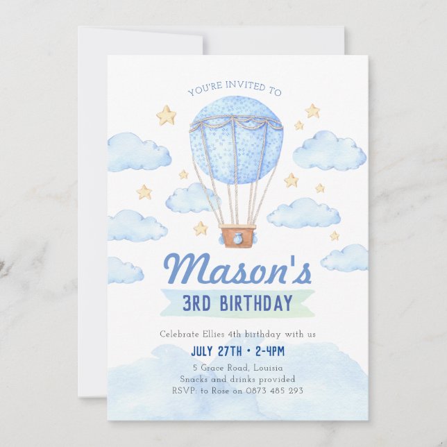 Blue Hot air balloon invitation, Boy 1st birthday Invitation (Front)