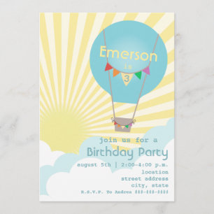 Blue Hot Air Balloon Kids Birthday Party Invitation