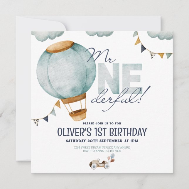 Blue Hot Air Balloon Mr ONEderful Boy Invitation (Front)