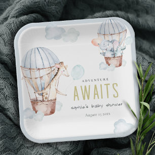 Blue Hot Air Balloon Safari Animals Baby Shower Paper Plate