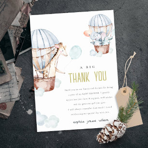 Blue Hot Air Balloon Safari Animals Baby Shower Thank You Card