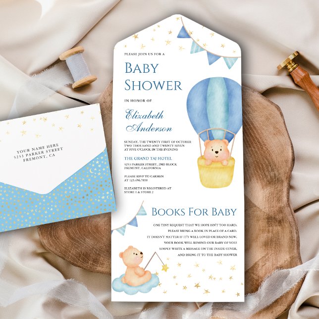 Blue Hot Air Balloon Teddy Bear Baby Shower All In One Invitation (Creator Uploaded)