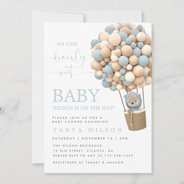 Blue Hot Air Balloon Teddy Bear Baby Shower Invite (Front)