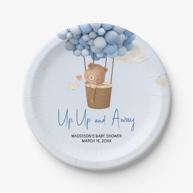 Blue Hot Air Balloon Up and Away Baby Shower Paper Plate (Front)