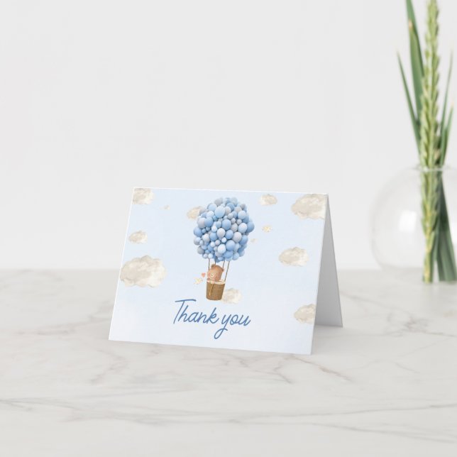 Blue Hot Air Balloon Up and Away Baby Shower Thank You Card (Front)