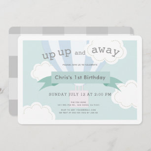Blue Hot Air Balloon Up Up and Away 1st Birthday Invitation