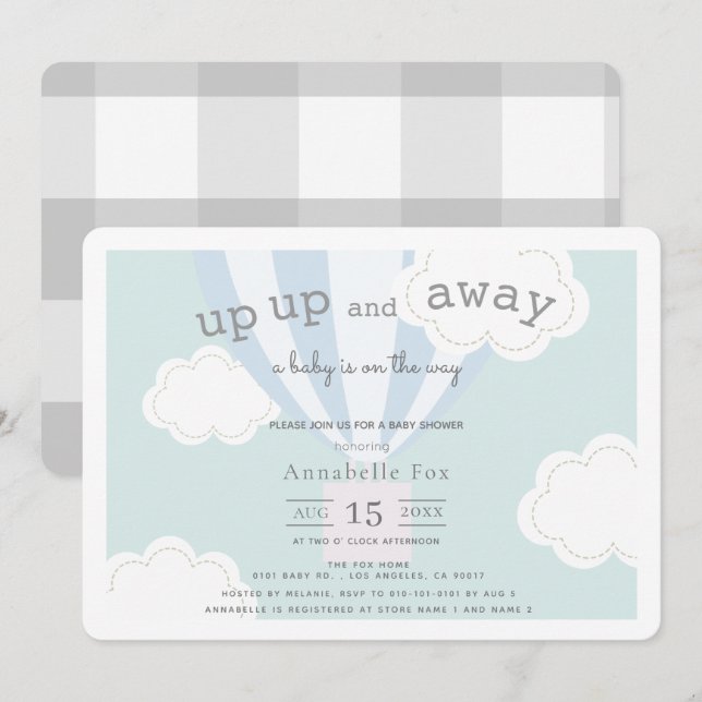 Blue Hot Air Balloon Up Up and Away Baby Shower Invitation (Front/Back)