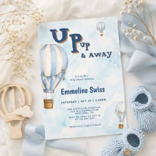 Blue Hot Air Balloon Up Up & Away Baby Shower  Invitation