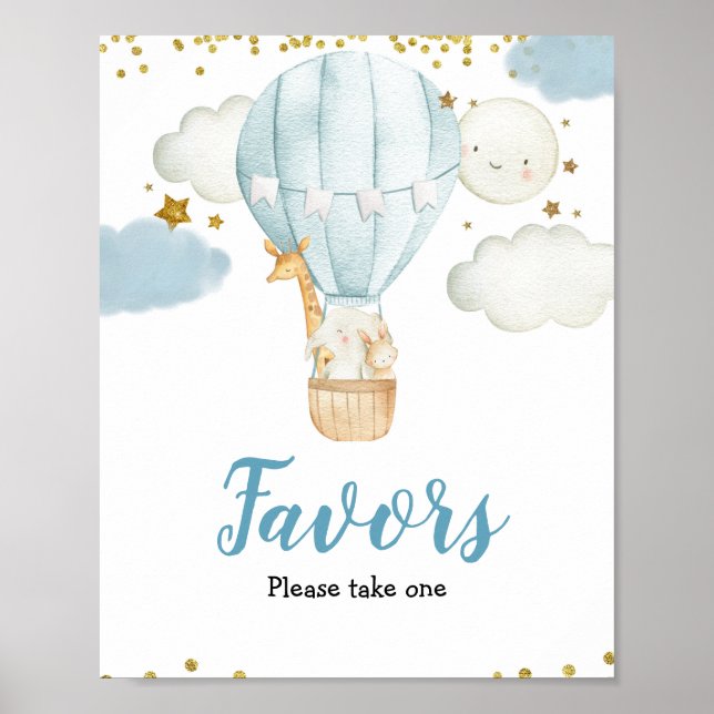 Blue Hot air Balloon Watercolor Favour Sign (Front)