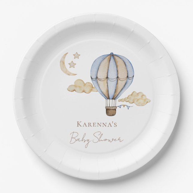 Blue Hot Air Balloon White Baby Shower Paper Plate (Front)