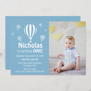 Blue Hot Air Balloons Baby's First Birthday Photo Invitation