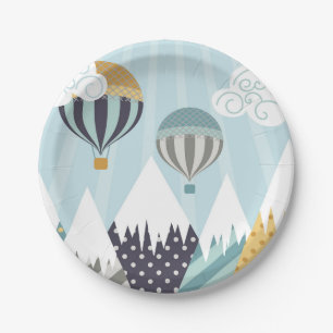 Blue Hot Air Balloons Paper Plate