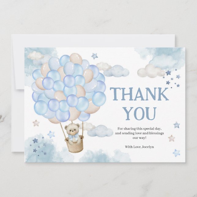  Blue Hot Air Balloons Teddy Bear Baby Shower Thank You Card (Front)