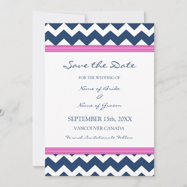 Blue Hot Pink Wedding Save the Date Card (Front)