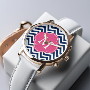 Blue & Hot Pink Zigzags Pattern Monogram Watch