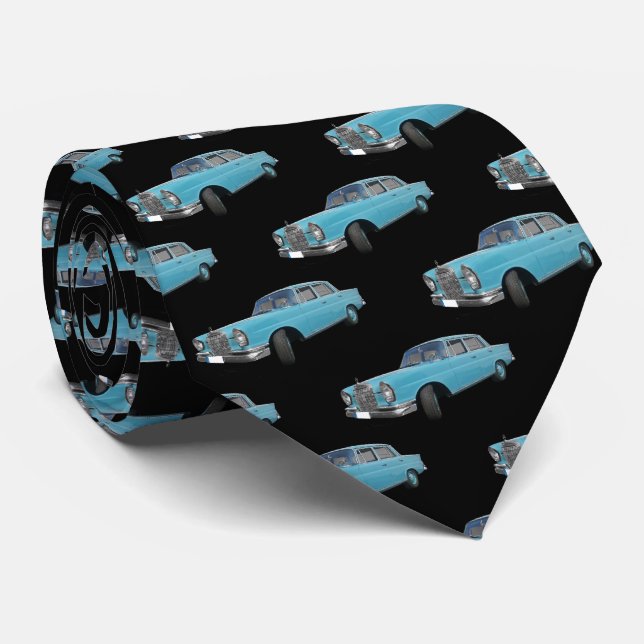 Blue Hotrod 1940s Car Pattern Tie (Rolled)