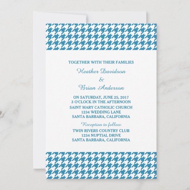 Blue Houndstooth Wedding Invite (Front)