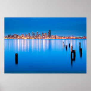 Blue hour view of downtown Seattle Poster
