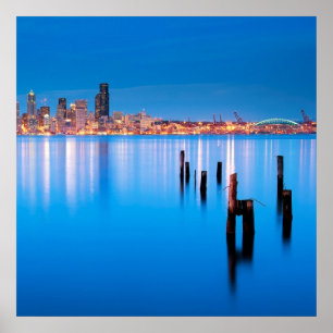 Blue hour view of downtown Seattle Poster